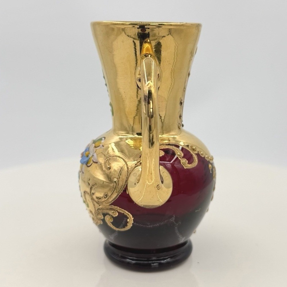 Vintage Murano Tre Fuochi Ruby Red Gold Miniature Pitcher Hand Painted 4" - Picture 7 of 11